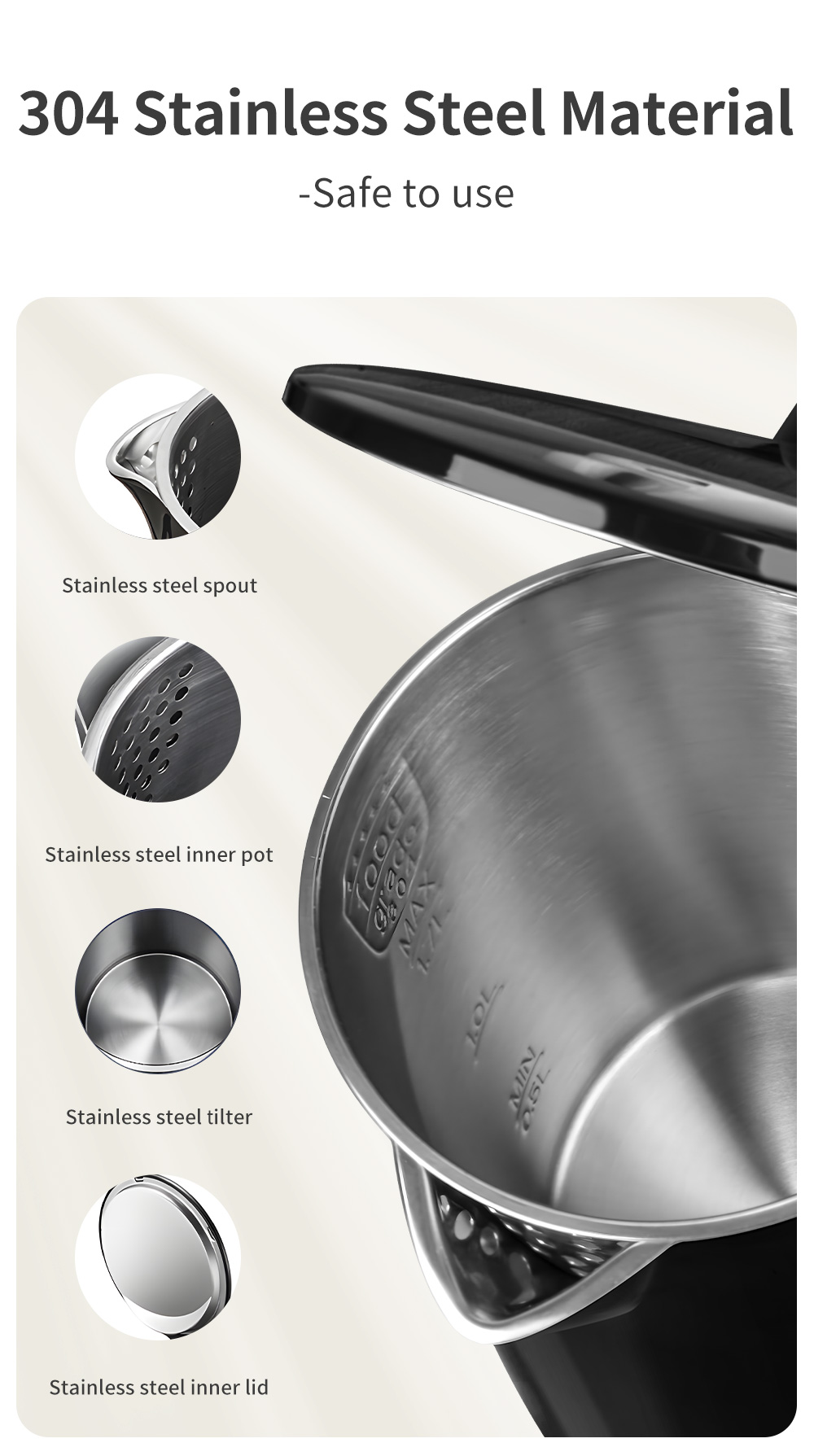 Simplus 1.7L Electric Kettle | 1500W Fast Heating | 304 Stainless Steel Inner | Double-layer Anti-Dry Burn Protection