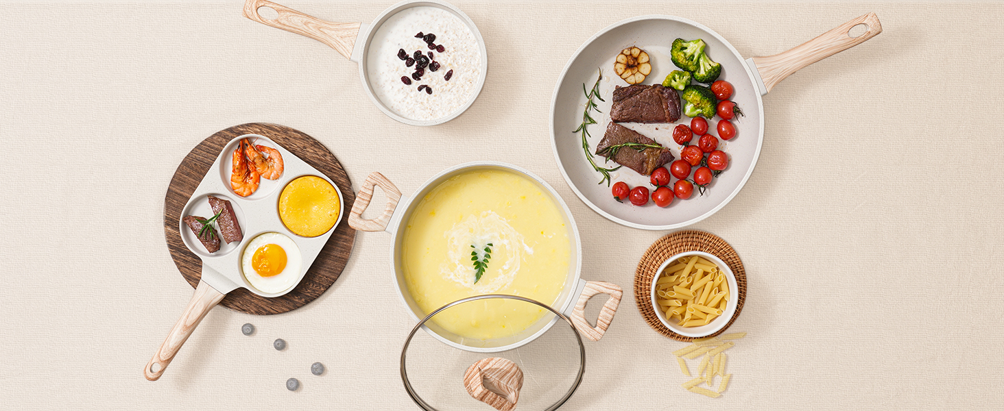 17 Pcs Pots and Pans Set Non stick .Cookware Sets White Granite Induction Cookware. Non-toxic Healthy Non Stick Kitchen Cooking Set with Frying Pans Set. Saucepans (PFAS. PFOA. PFOS Free) White